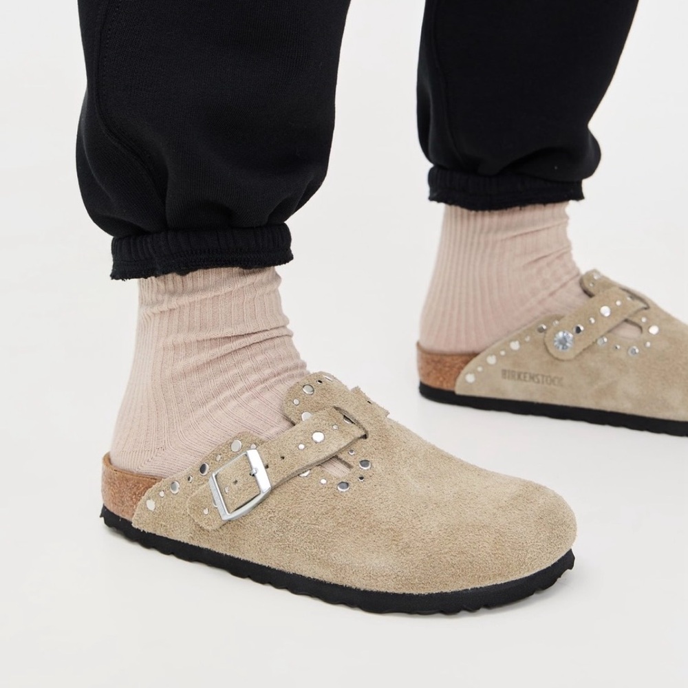 Birkenstock Beige Suede Clogs with Silver Studs - Picture 2 of 15